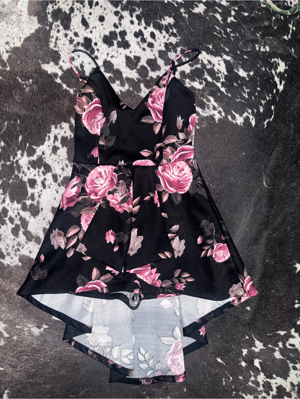 Floral V-Neck High-Low Romper in Black with Pink Roses